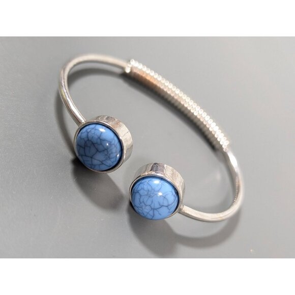 Boho Blue Faux Stone Cabochon Cuff Bracelet Silver Tone 6.5" - Picture 2 of 8